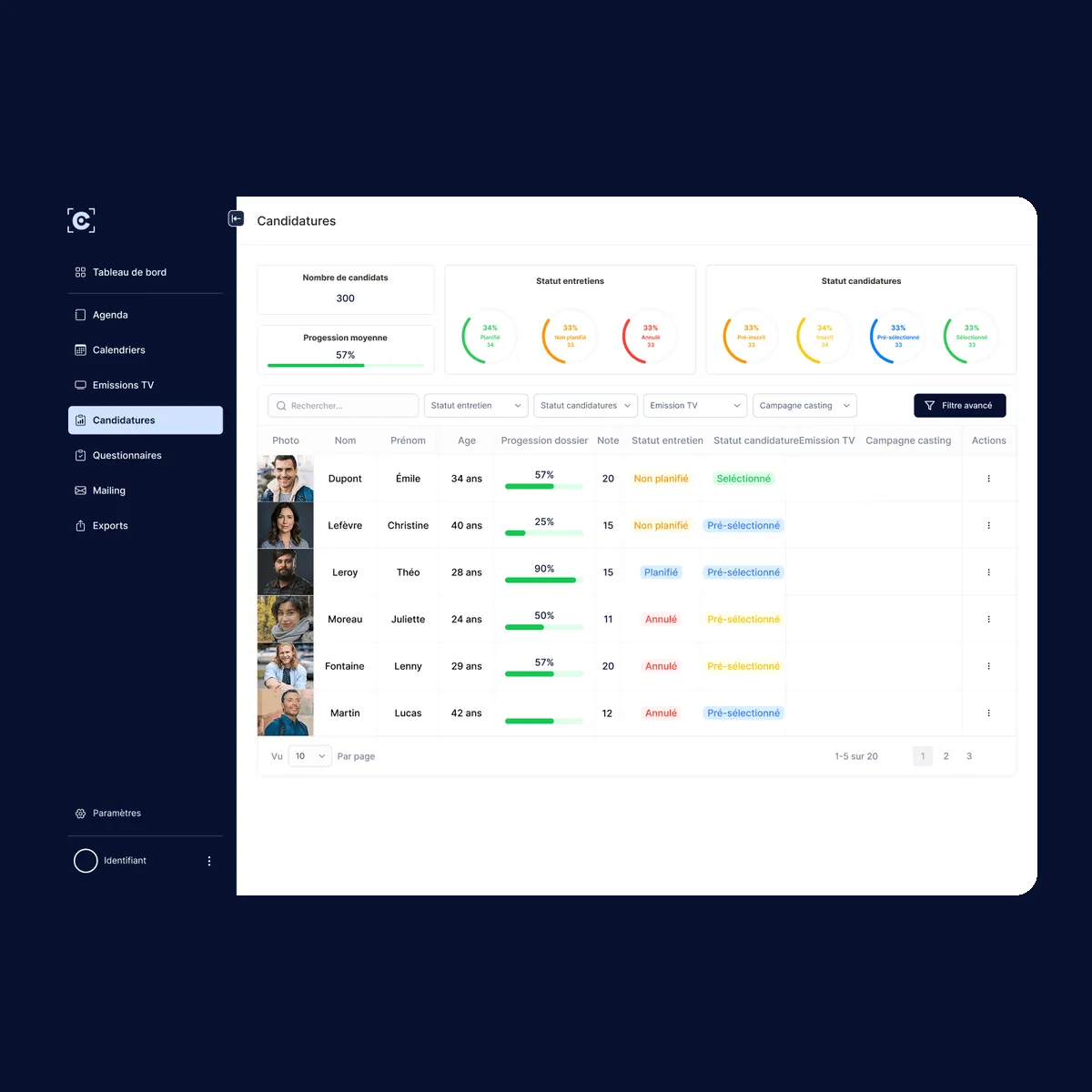 Interface de la plateforme CastMate : liste des candidatures, statuts des entretiens et suivi de progression